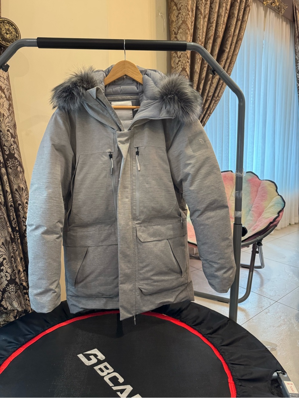 The North Face Men's Light Gray Insulated Parka with Fur-Trim Hood